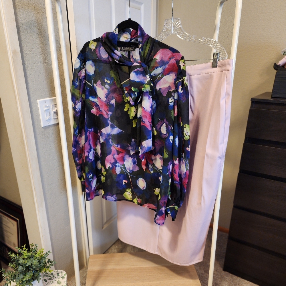Eloquii Sheer Blouse and Fashion To Figure Faux Leather Midi Skirt